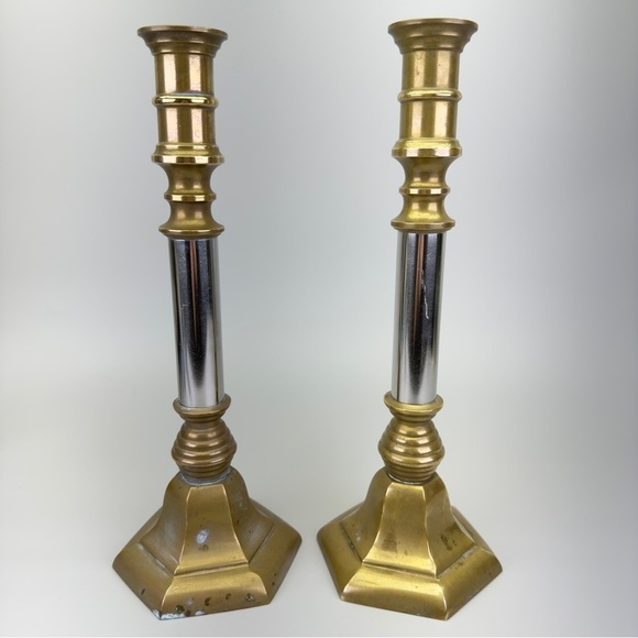 Vintage Two Tone Brass Chrome Candlesticks - Picture 7 of 8